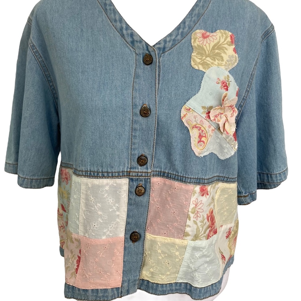 Vintage Cottage Core Cropped Denim Shirt One of a Kind Handmade Additions Sz. S